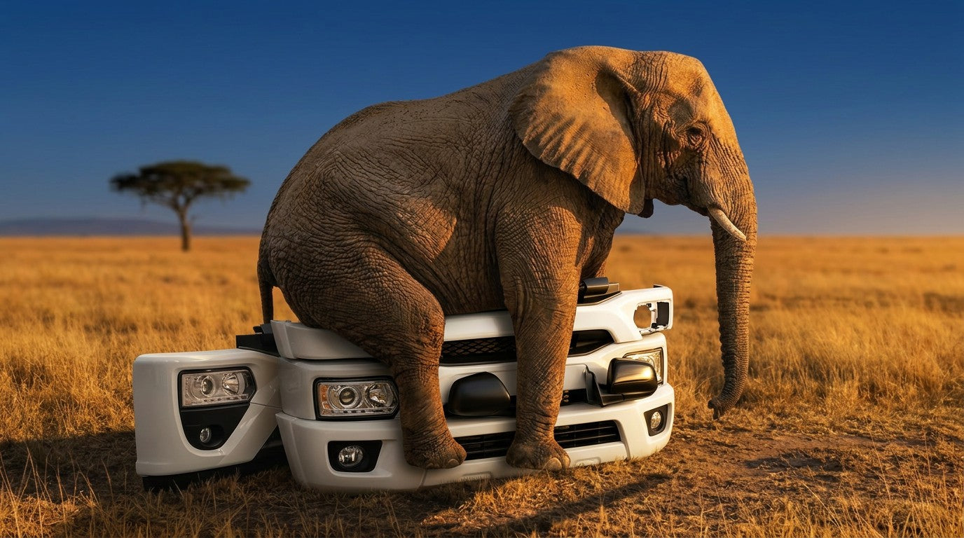 Elefante seduto su un paraurti: la robustezza dei nostri ricambi