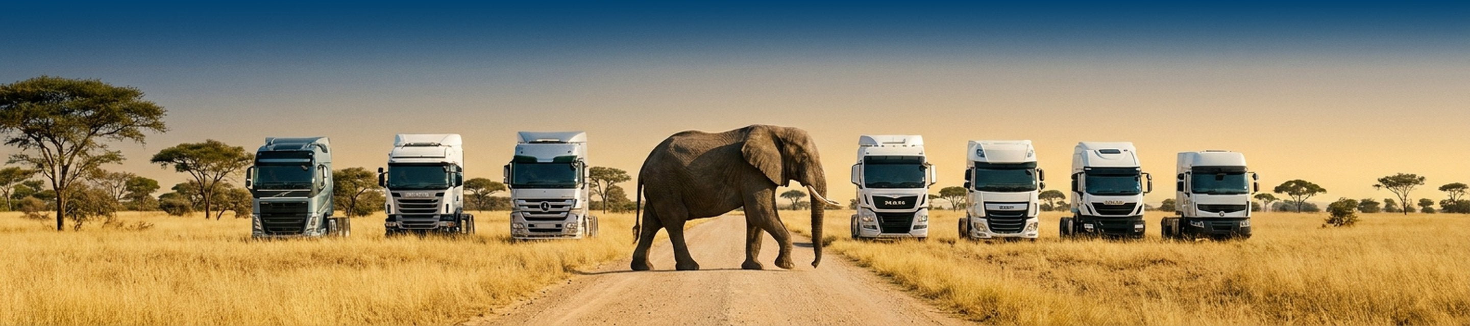 Elefante e camion di tutte le marche nella savana