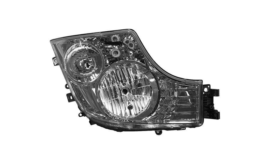 Proiettore Destro Manuale Alogeno 24 V Con Portalampada - Senza Lampadina (H7 - H1 - Py21W - W5W) Connettore Rettangolare Posteriore Centrale 5 Pin Economy Quality - Mercedes - Actros MP4 Cabina Larga - OE 9608200339 - Carrozzeria Truck