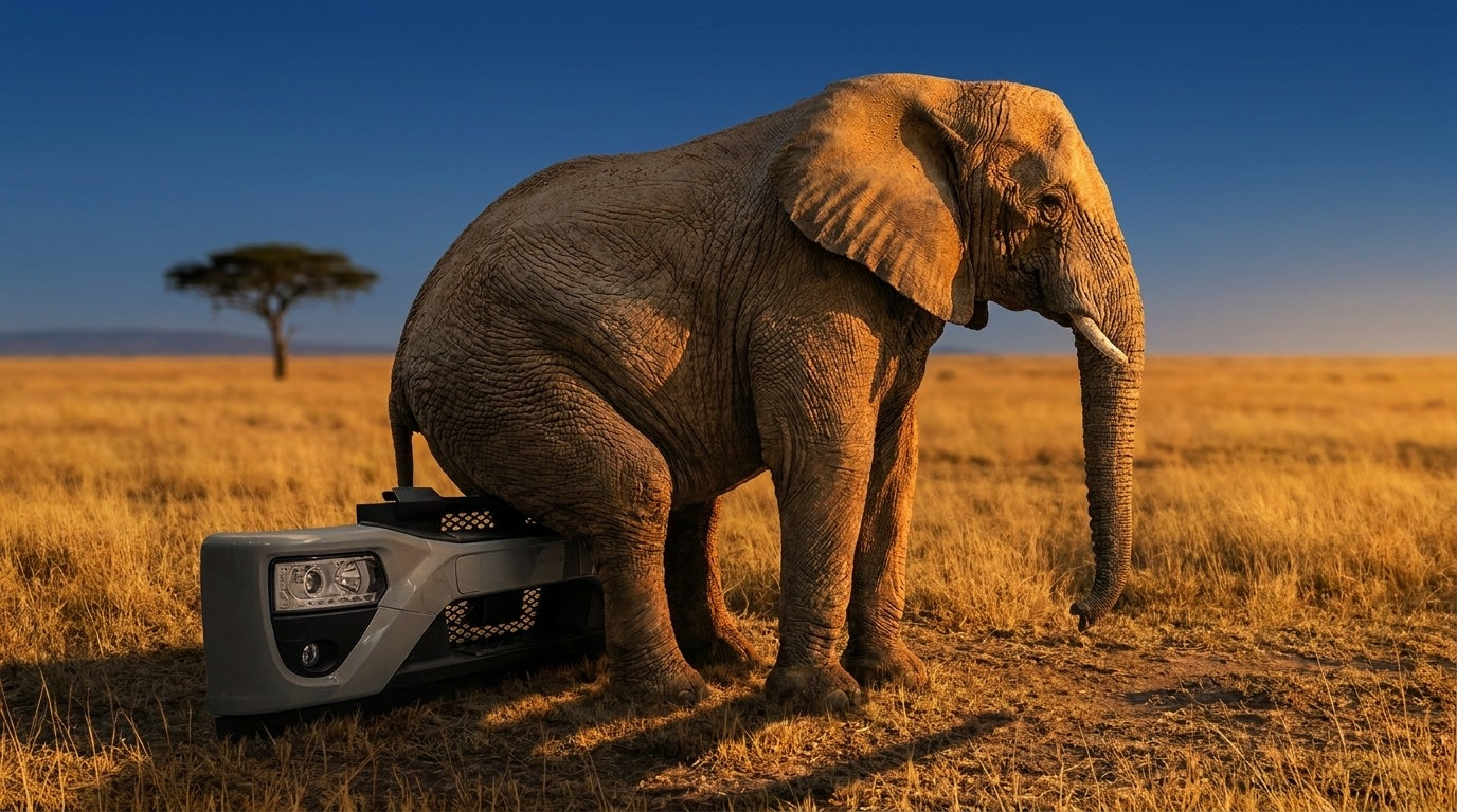 Elefante seduto su un paraurti: la robustezza dei nostri ricambi